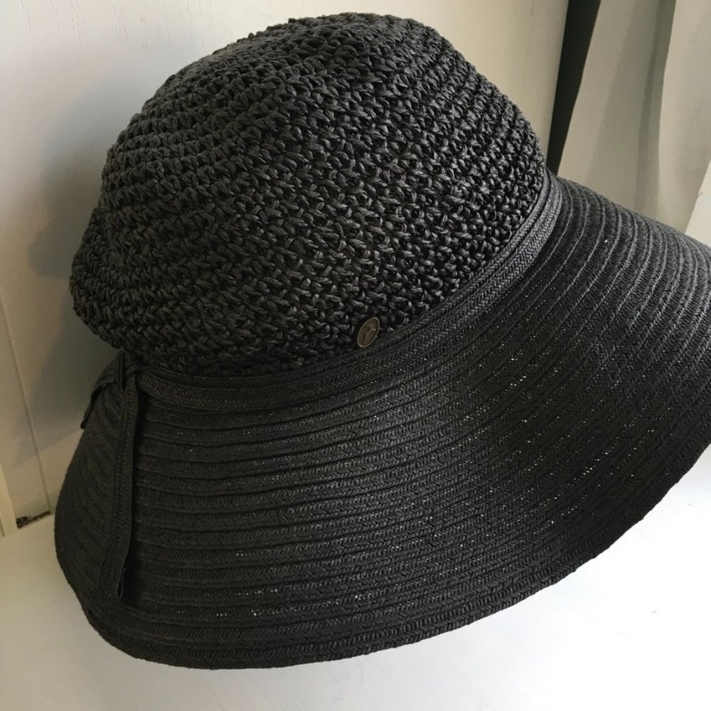 Black Wide Brim Floppy Sun Hat Grommets Black Ribbon - Picture 5 of 6